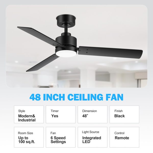 48-Inch LED Black Ceiling Fan With Light And Remote (3-Blade)