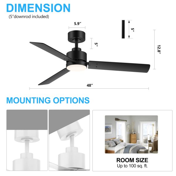 48-Inch LED Black Ceiling Fan With Light And Remote (3-Blade)