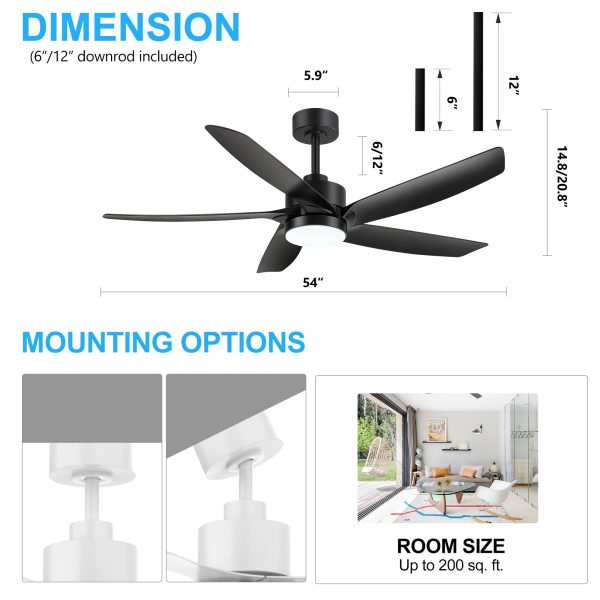 54-inch 5-Blade Integrated LED Ceiling Fan with Light Remote,6in and  12in Downrod Included