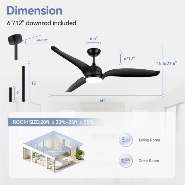 60-Inch Black 3-Blade Ceiling Fan With LED Light Kit And Remote,6in And 12in Downrod Included