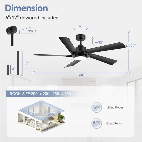 60-Inch Modern Ceiling Fan With 5 ABS Blades, 18W LED Light, 6-Speed Quiet DC Motor, Remote Control, 3 Color Temps & Dual Downrods (6" & 12")