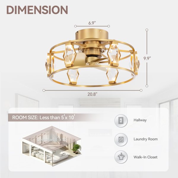20.8-Inch Flush Mount Crystal Ceiling Fan With Dimmable LED Light And Remote(3-Blade)