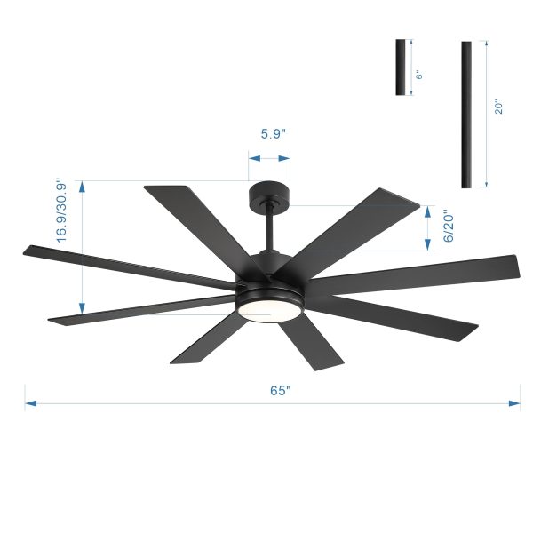 65-Inch Large 8 Blade LED Ceiling Fan With Light, Remote Control And Two Downrods (6" & 20")
