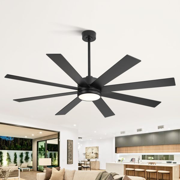 65-Inch Large 8 Blade LED Ceiling Fan With Light, Remote Control And Two Downrods (6" & 20")