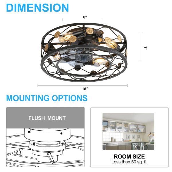 18in Black Low Profile Caged Ceiling Fan With Remote Light(7-Blade)