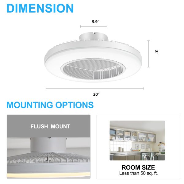 20-Inch Modern White Enclosed Low Profile Smart LED Ceiling Fan Works With Alexa/Google/APP