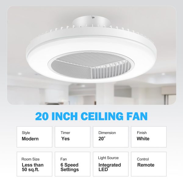 20-Inch Modern White Enclosed Low Profile Smart LED Ceiling Fan Works With Alexa/Google/APP
