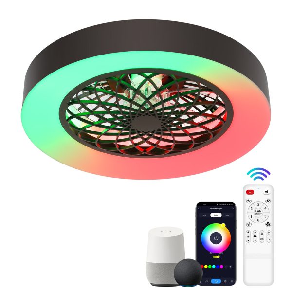 Flush Mount Ceiling Fan With Lights 20 Inch Smart Bladeless Low Profile Ceiling Fans With Alexa/Google Assistant/App Control RGB Back Ambient Light