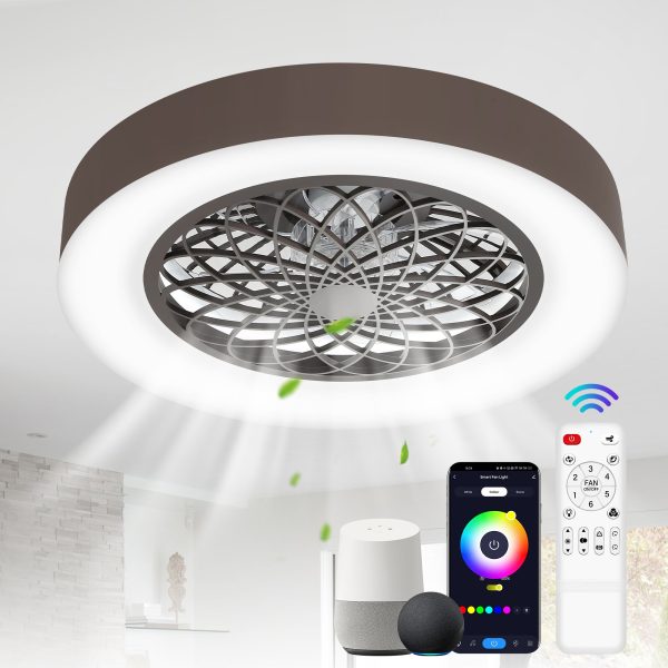 Flush Mount Ceiling Fan With Lights 20 Inch Smart Bladeless Low Profile Ceiling Fans With Alexa/Google Assistant/App Control RGB Back Ambient Light