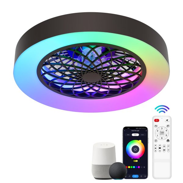 Flush Mount Ceiling Fan With Lights 20 Inch Smart Bladeless Low Profile Ceiling Fans With Alexa/Google Assistant/App Control RGB Back Ambient Light