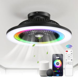 23" Bladeless Ceiling Fan With Light,Low Profile Flush Mount Ceiling Fans With RGB Dimmable Smart LED,Modern Enclosed Fandelier Alexa/Google Assistant/App Control