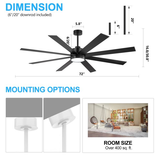 Large 72in 8-Blade Integrated LED Ceiling Fan With Light Remote, 6in And 20in Downrod Included