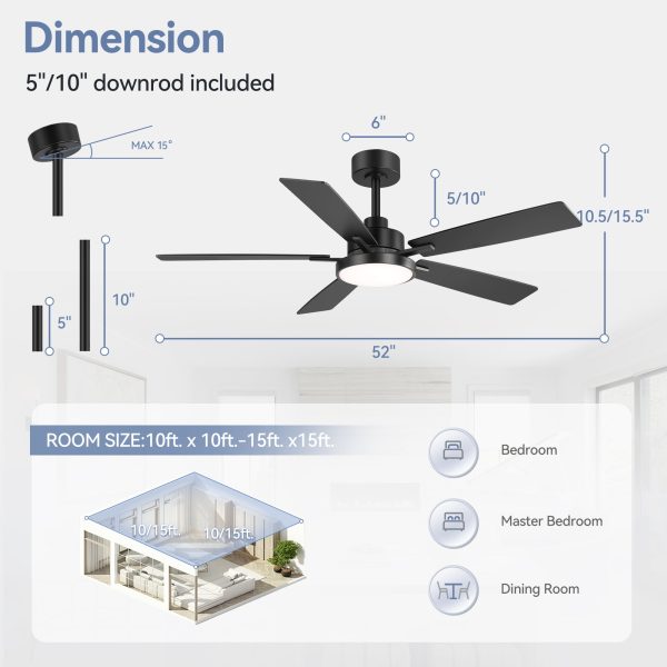 52-Inch 5-Reversible-Blade Integrated LED Ceiling Fan With Light And Remote, 5" And 10" Downrod Included