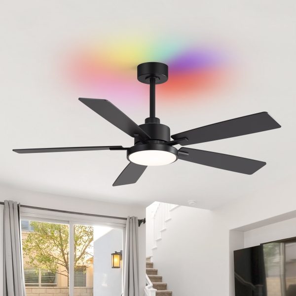 52" Ceiling Fan With RGB Ambient Light, Matte Black Finish, 5 Reversible Blades, Integrated 24W LED (3 Color Temps + Full-Color RGB), Quiet Energy-Saving DC Motor, 6 Speeds With Timer, Remote Control, Forward/Reverse Airflow, Includes 5" & 10" Downrods