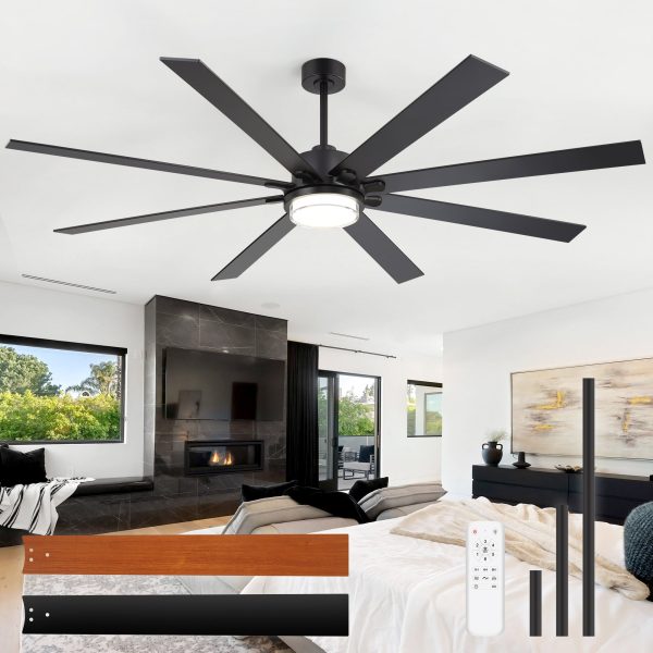 75"/80" Large Ceiling Fan With Reversible Blades, Matte Black Finish, Quiet DC Motor, 24W LED Light (3 Color Temps), Memory Function, 6-Speed Remote With Timer, Downrods Included