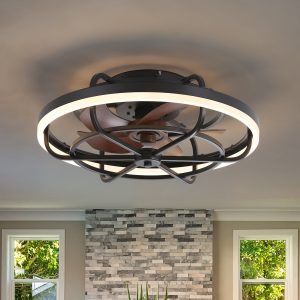 19.7-Inch Flush Mount Caged Ceiling Fan With Light C Matte Black Finish, Quiet DC Motor, Remote Control,5 ABS Blades, Dimmable LED With 3 Color Temperatures