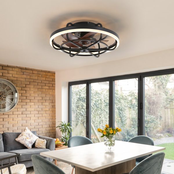 19.7-Inch Flush Mount Caged Ceiling Fan With Light C Matte Black Finish, Quiet DC Motor, Remote Control,5 ABS Blades, Dimmable LED With 3 Color Temperatures