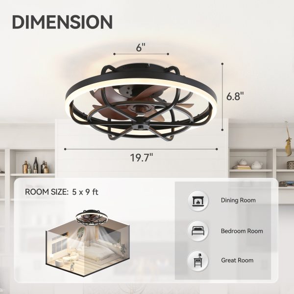 19.7-Inch Flush Mount Caged Ceiling Fan With Light C Matte Black Finish, Quiet DC Motor, Remote Control,5 ABS Blades, Dimmable LED With 3 Color Temperatures