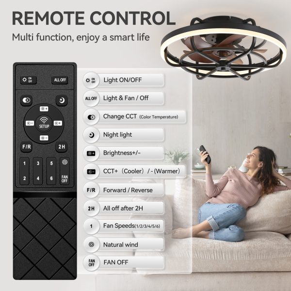 19.7-Inch Flush Mount Caged Ceiling Fan With Light C Matte Black Finish, Quiet DC Motor, Remote Control,5 ABS Blades, Dimmable LED With 3 Color Temperatures