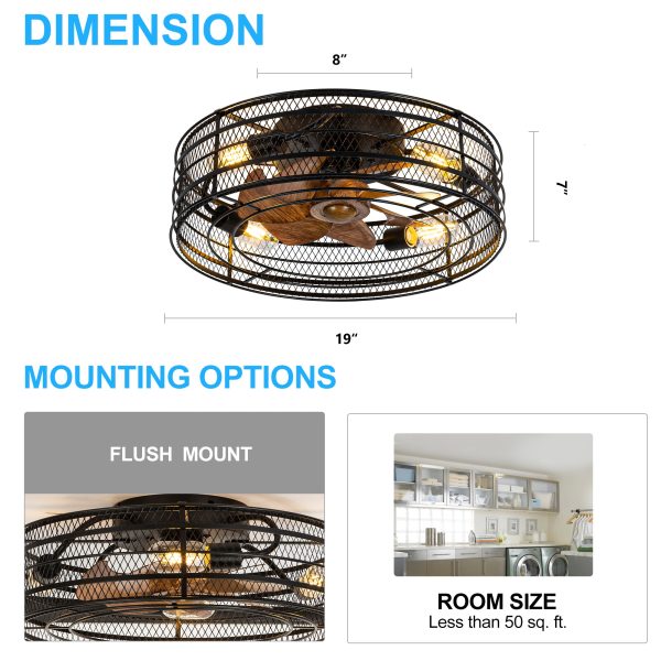 19 Inch Black Low Profile Caged Ceiling Fan With Remote And Light7-Blade