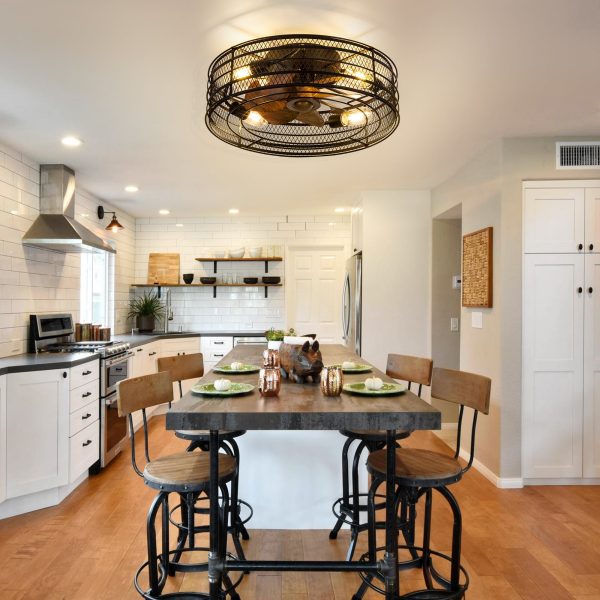 19 Inch Black Low Profile Caged Ceiling Fan With Remote And Light7-Blade