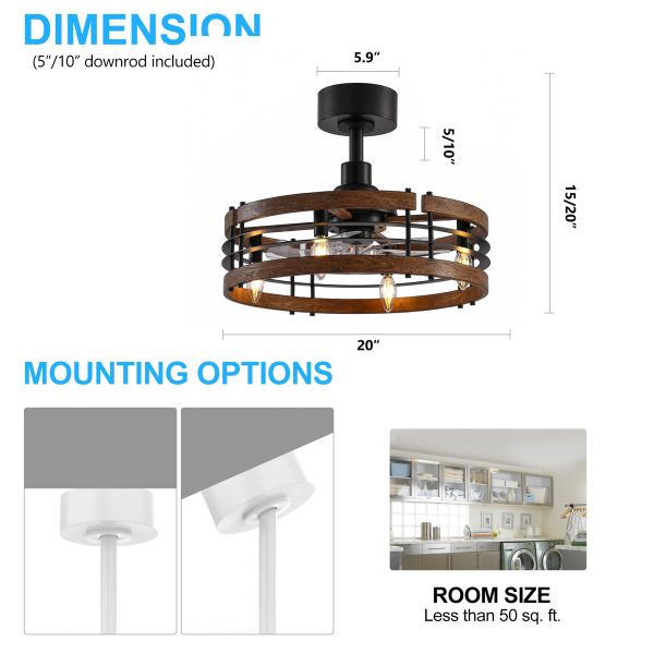 20 In Caged Ceiling Fan With Light, Bladeless Industrial Ceiling Fan With Remote, Vintage Rustic Fan Lights Ceiling Fixtures For Kitchen, Farmhouse, Bedroom,6 Speed,2/4/8h Timing