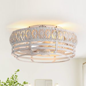 12.5-Inch Vintage Distressed White Caged Ceiling Fan With Remote And Light(7-Blade