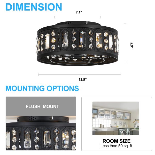 12.5-Inch Black Flush Mount Crystal Small Caged Ceiling Fan With Remote Light