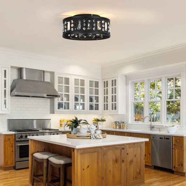 12.5-Inch Black Flush Mount Crystal Small Caged Ceiling Fan With Remote Light