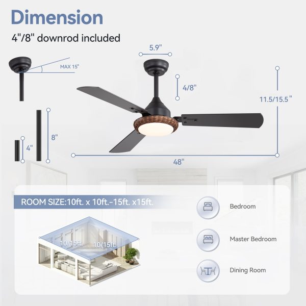 35062-bk-Z1.jpg 48-in Reversible 3-Blade Ceiling Fan with Intergrated LED Light and Remote4in and 8in Downrod Included