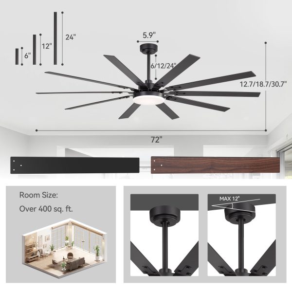 Large 72-Inch Ceiling Fan With Light, Matte Black Finish, 22W LED 3-Color Temperature, 10 Dual-Finish Plywood Blades, Reversible DC Motor, Remote Control,Light Memory Function