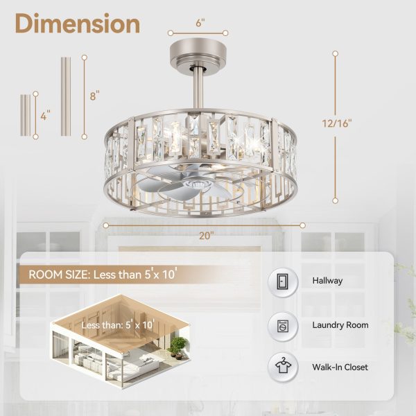 20-Inch Satin Nickel Caged Ceiling Fan With Light, 7 ABS Blades, 6-Speed DC Motor, Remote Control, Dual Downrods(4" & 8")