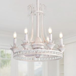 22-Inch Distressed White Crystal Chandelier Ceiling Fan with Light and Remote,7 ABS Blades,6 Speed  Reversible DC Motor,20.8" Downrod  for Dining Rooms, Bedrooms, Living Rooms