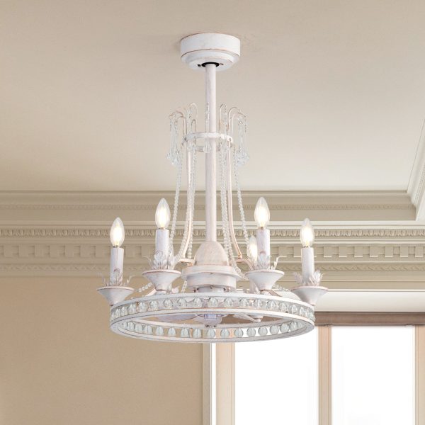 22-Inch Distressed White Crystal Chandelier Ceiling Fan with Light and Remote,7 ABS Blades,6 Speed  Reversible DC Motor,20.8" Downrod  for Dining Rooms, Bedrooms, Living Rooms