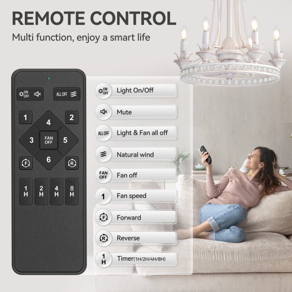 22-Inch Distressed White Crystal Chandelier Ceiling Fan with Light and Remote,7 ABS Blades,6 Speed  Reversible DC Motor,20.8" Downrod  for Dining Rooms, Bedrooms, Living Rooms