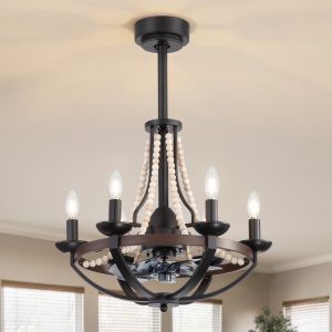 22-Inch Farmhouse Chandelier Ceiling Fan with Light and Remote C 7 ABS Blades for Powerful Airflow, Black Metal Frame with Wood Accents & Decorative Beads, Reversible DC Motor, 6-Light E12  Bulb Base, Forward/Reverse Airflow, Timer Function
