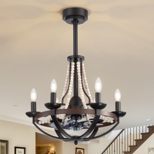 22-Inch Farmhouse Chandelier Ceiling Fan with Light and Remote C 7 ABS Blades for Powerful Airflow, Black Metal Frame with Wood Accents & Decorative Beads, Reversible DC Motor, 6-Light E12  Bulb Base, Forward/Reverse Airflow, Timer Function