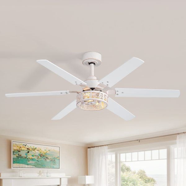 2pcs 46-Inch Distressed White Ceiling Fan With 6 Blades, Leaf Cage Light Fixture, Quiet Reversible DC Motor, Remote Control,6" Downrod