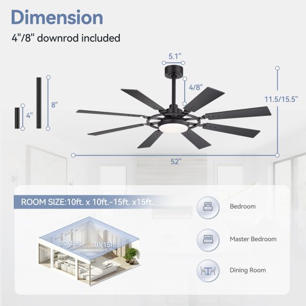 35081-BK_Z1.jpg 52-Inch Modern Ceiling Fan With 8 Reversible Blades, 22W LED Light, Quiet DC Motor, 3 Color Temps, Remote Control, 4"And 8" Downrods Included