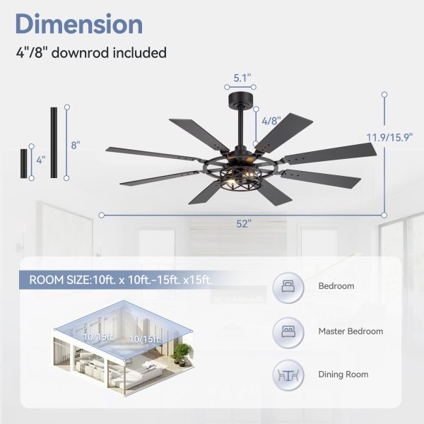52-Inch Modern Ceiling Fan With 8 Reversible Blades, Quiet DC Motor, Remote Control, E12 Bulb Base,4" And 8" Downrods Included