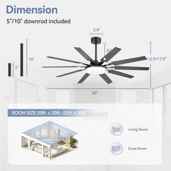 60-Inch Modern Ceiling Fan With 10 Reversible Blades, 32W LED Light, Quiet DC Motor, Remote Control, 3 Color Temps, 5" And 10" Downrods Included
