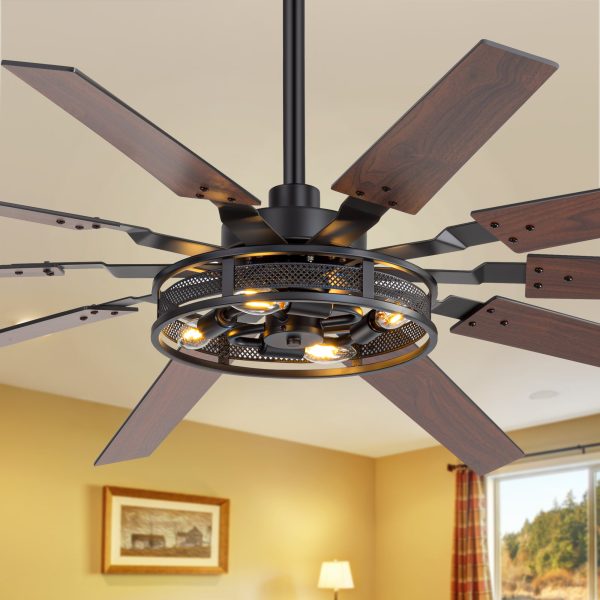 35084-BKJ1.jpg 60-Inch Reversible 10-Blade Open-Caged Metal Ceiling Fan With Light Kit, Remote Control, Quiet DC 6-Speed Motor, 5" And 10" Downrods And Dual-Finish Blades