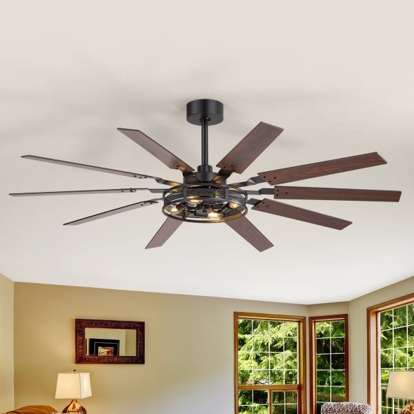 35084-BKJ2.jpg 60-Inch Reversible 10-Blade Open-Caged Metal Ceiling Fan With Light Kit, Remote Control, Quiet DC 6-Speed Motor, 5" And 10" Downrods And Dual-Finish Blades