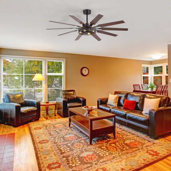 35084-BKY1.jpg 60-Inch Reversible 10-Blade Open-Caged Metal Ceiling Fan With Light Kit, Remote Control, Quiet DC 6-Speed Motor, 5" And 10" Downrods And Dual-Finish Blades