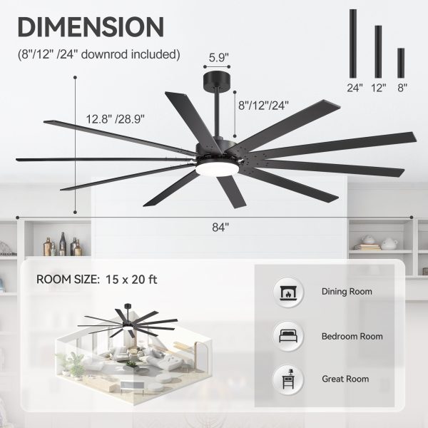 84-Inch Extra-Large Ceiling Fan With LED Light And Remote C 10 Reversible Dual-Finish Blades, Quiet Energy-Efficient DC Motor With 6 Speeds & Reversible Airflow, 3-Color LED With Memory Function, Includes 8", 12", 24" Downrods For High Ceilings