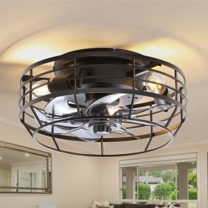 12-Inch Flush Mount Caged Ceiling Fan With Light, 7 ABS Blades, DC Motor, 6-Speed Remote