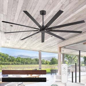 84" Industrial Matte Black Ceiling Fan No Light With Remote Control, 9 Reversible Blades, DC Motor, 6 Speeds, Forward/Reverse Airflow, 3 Downrods (8"/12"/24"), For Large Indoor Spaces