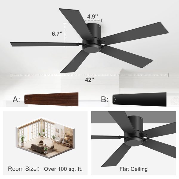 2-Pack 42" Matte Black Flush Mount Ceiling Fan No Light With Remote, 5 Reversible Black/Dark Walnut Blades, Quiet DC Motor, 6 Speeds, Forward/Reverse Airflow, Ideal For Low Ceilings & Indoor Rooms