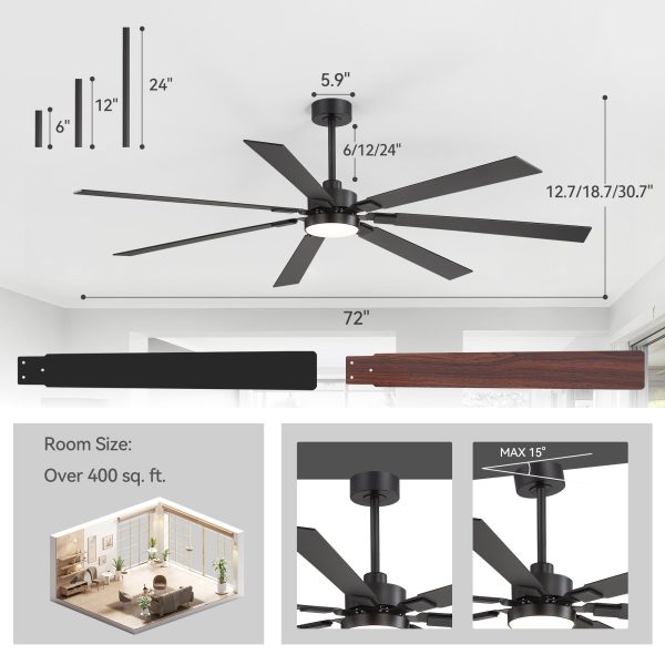 35091-BKZ1.jpg Large 72" Modern Ceiling Fan With LED Light And Remote, 7 Reversible Black/Dark Walnut Blades, Quiet DC Motor, 6-Speed Reversible Airflow, 3-Color Temperature, Includes 6"/12"/24" Downrods For Sloped Or Flat Ceilings