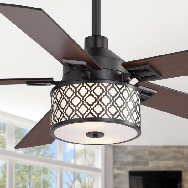 37001-BKJ1.jpg 52-Inch Ceiling Fan With Light And Remote C 5 Reversible Dual-Finish Blades, Geometric Drum Cage Shade, Quiet Energy-Saving DC Motor, 6 Speeds With Forward/Reverse Airflow, Includes 5" & 10" Downrods
